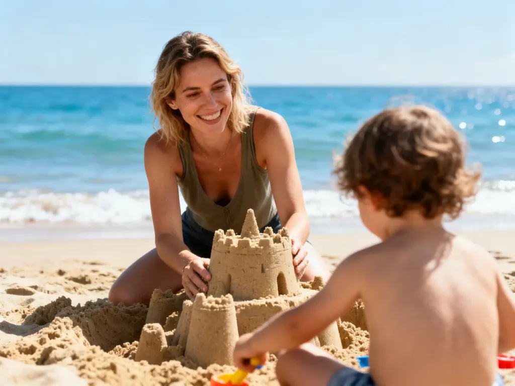 Mama z dzieckiem budują zamek z piasku na słonecznej plaży, ciesząc się wspólnym wypoczynkiem nad morzem.