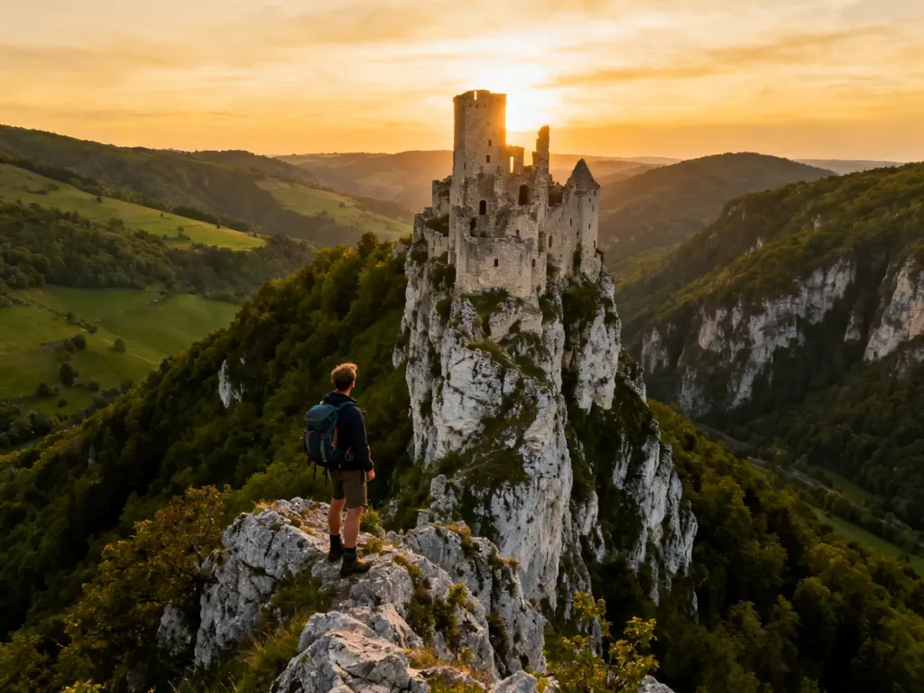 Turysta w stroju trekkingowym podziwia ruiny średniowiecznego zamku na wapiennej skale podczas zachodu słońca.