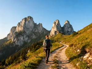 Turysta w stroju górskim podziwia panoramę Karkonoszy ze szlakiem prowadzącym w stronę szczytu Śnieżki w świetle dnia.