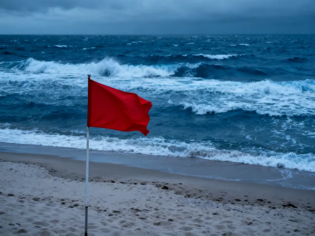 Czerwona flaga na opustoszałej plaży nad Bałtykiem, ostrzegająca przed niebezpiecznymi warunkami do kąpieli.
