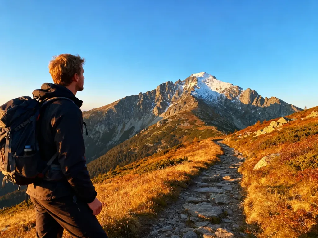 Turysta w stroju górskim podziwia panoramę Karkonoszy ze szlakiem prowadzącym w stronę szczytu Śnieżki w świetle dnia.