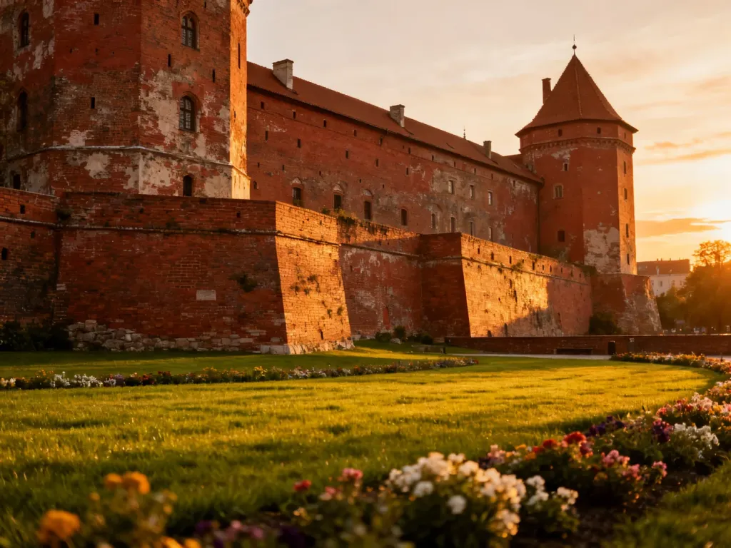 Zamek w Janowie Podlaskim o zachodzie słońca z zadbanym ogrodem na pierwszym planie.