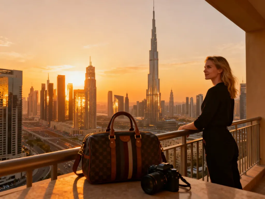 Kobieta na balkonie z widokiem na panoramę Dubaju o zachodzie słońca, obok niej torba podróżna i aparat fotograficzny.