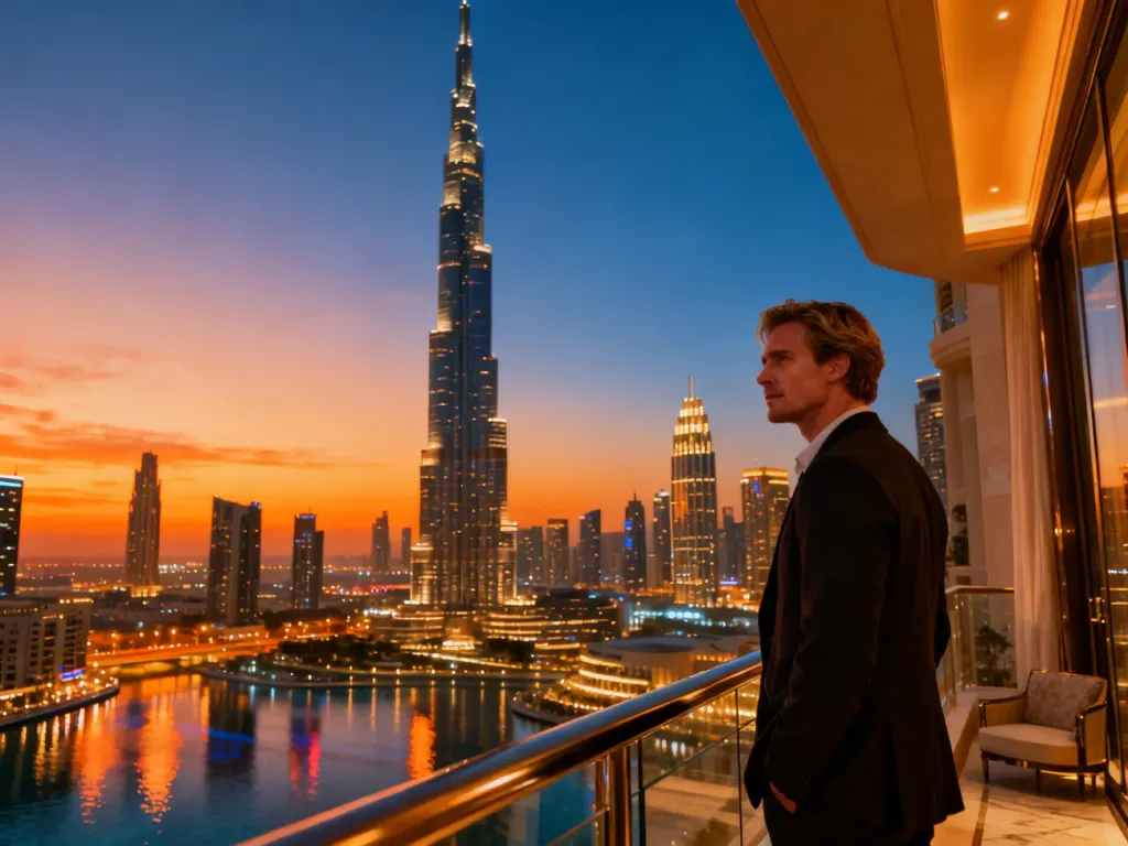 Mężczyzna na luksusowym balkonie podziwia panoramę Dubaju z Burdż Chalifa podczas zachodu słońca.