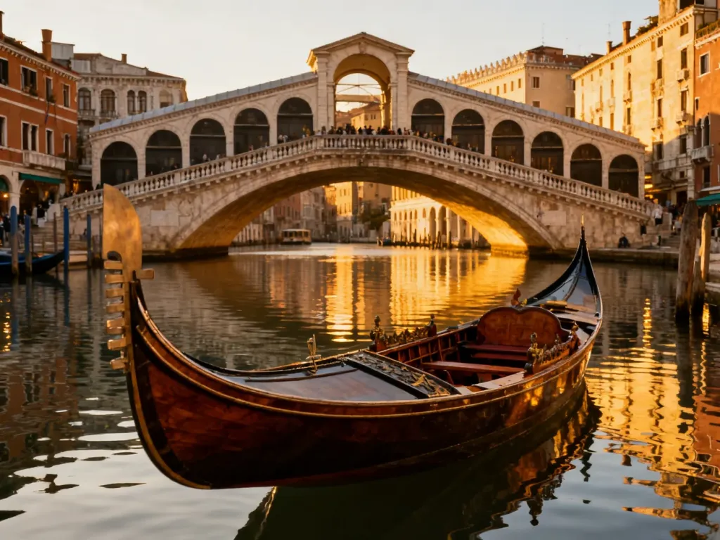 Most Rialto w Wenecji o zachodzie słońca z gondolą na pierwszym planie i zabytkową architekturą w tle.